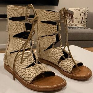 Freebird by Steven Cream Snake-Print Lace-Up Gladiator Sandals
